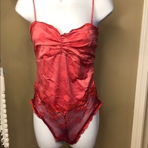 Red Satin & Lace Chemise Bodysuit with Sheer Floral Panels